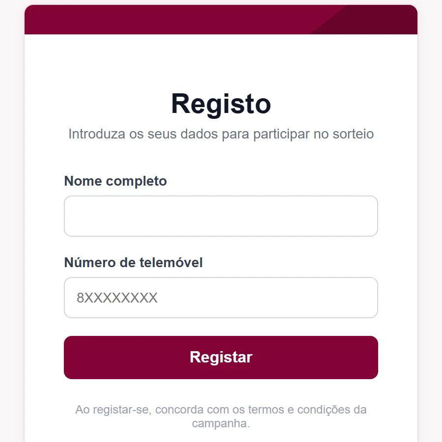 Formulário de registo com nome e número de telemóvel